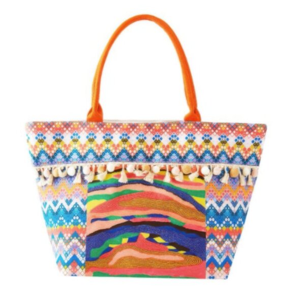 Boho Print Pom Pom Fringe Large Tote Bag Multicolor - Picture 4 of 4